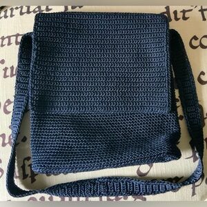 The Sak Navy Blue Knit Crossbody Bag Purse Crochet Shoulder 11”x11”